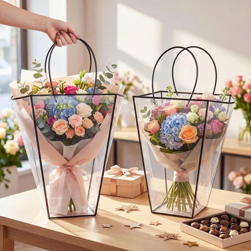 Vista 7 de Yexiya 12 bolsas florales grandes transparentes para ramo de flores a granel con asa transparente para regalo de boda, regalo de boda, regalo