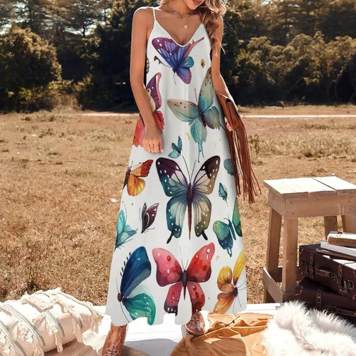 Vista 2 de Vestido largo de playa con estampado de mariposas coloridas para mujer, estampado floral, bohemio, vestido de playa