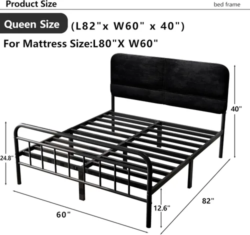 Vista 2 de Base de cama de 14 pulgadas de metal, base de cama tamaño Queen con cabecera tapizada, base de colchón resistente y de alta capacidad, fácil Negro