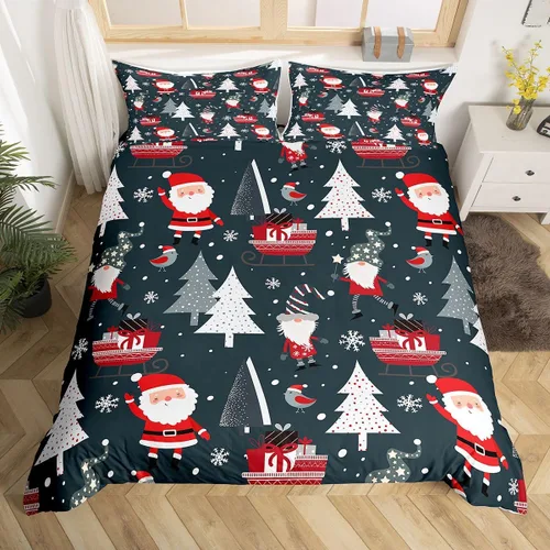 Vista 43 de Juego de ropa de cama de Feliz Navidad, funda de edredón azul con árbol de Navidad para niñas y niños, elegante funda de edredón de copo de nieve