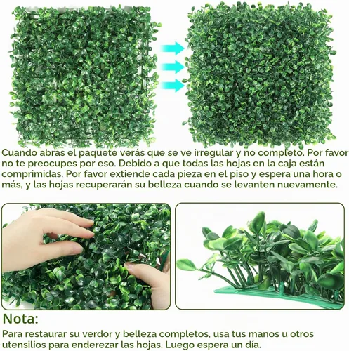 Vista 5 de Paneles de setos artificiales de boj de 10 x 10 pulgadas, 24 piezas de pantalla de privacidad de vegetación sintética, decoración de pared
