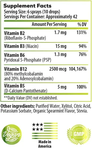 Vista 2 de Ideal Infusion Spray sublingual bioactivo de vitamina B12 + complejo B: menta verde orgánica - metilcobalamina con adenosilcobalamina: energía