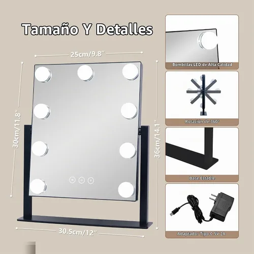Vista 4 de Espejo de tocador con luces, espejo de maquillaje con luces con 9 bombillas LED regulables, 3 modos de iluminación de color desmontables, espejo