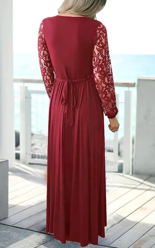 Vista 3 de Kranda - Vestido largo de fiesta con manga larga de encaje floral, estilo vintage, cuello en V y frente cruzado falso para mujer