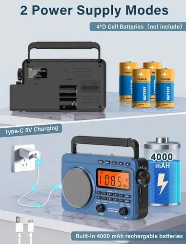 Vista 4 de Radio digital AM FM de onda corta con la mejor recepción, radio portátil recargable de 4000 mAh con alerta meteorológica NOAA, altavoz grande