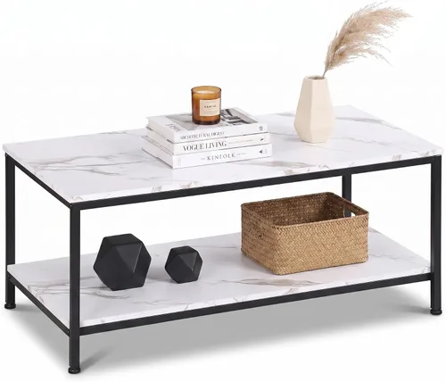 Vista 13 de SUPER DEAL - Mesa de café industrial de 2 niveles con estante de almacenamiento para apartamento pequeño, sala de estar, mesa auxiliar rectangular