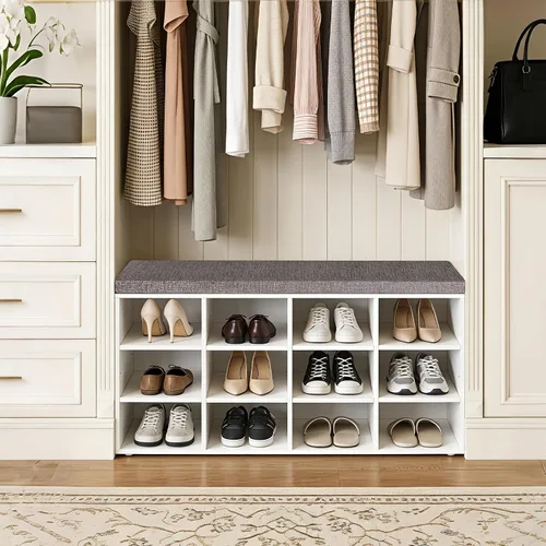 Vista 2 de DINZI LVJ Banco de almacenamiento de zapatos con cojín, zapatero con 12 cubículos, estantes ajustables, banco organizador de zapatos multifuncional