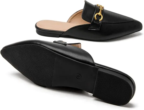 Vista 4 de Mules con hebilla para mujer, puntera puntiaguda, sin espalda, planas, deslizantes, zapatos tipo mocasín