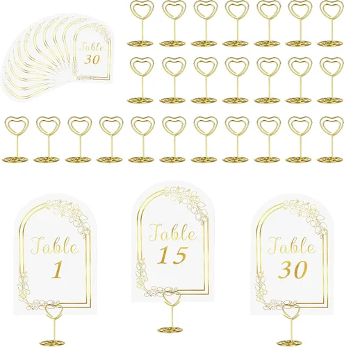 Vista 15 de JOYIT 21 juegos de tarjetas de mesa de boda del 1 al 20 y de la mesa principal con 21 soportes de números de mesas, tarjetas de números de oro negro