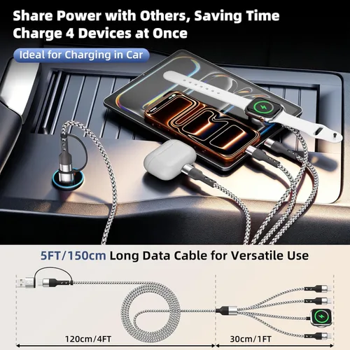 Vista 3 de Cable de carga múltiple USB C 3 para teléfono iWatch Charger/Car Travel Negro-blanco