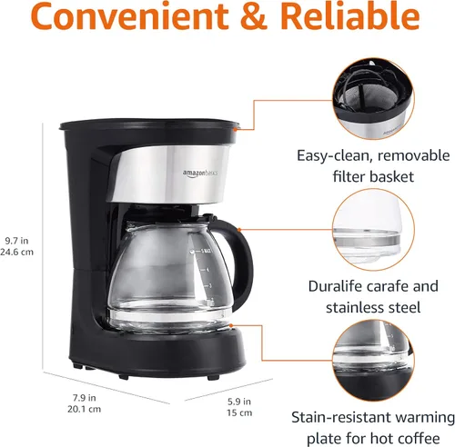Vista 2 de Amazon Basics - Cafeteras para 5 tazas con filtro reutilizable, Jarras de café, de acero inoxidable y de color negro