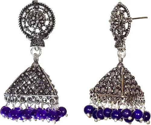 Vista 2 de DESI HAWKER Pendientes de plata oxidada Bali Jhumki Jhumka joyería Bollywood gota colgante pirámide candelabro floral NI-20
