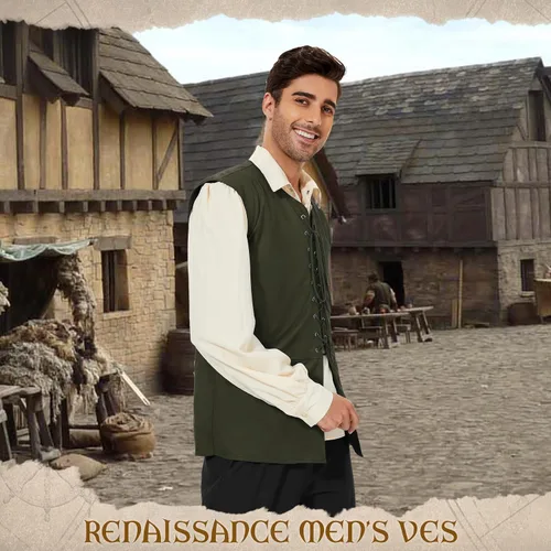 Vista 4 de Zando Chaleco pirata renacentista medieval vikingo para hombre, disfraz de Halloween o cosplay