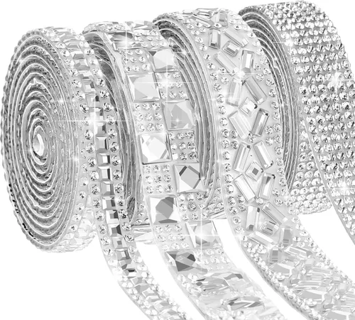 Vista 8 de Juexica Cintas autoadhesivas de diamantes de imitación de 4 yardas, 4 estilos de rollo de diamantes de imitación, cinta brillante con purpurina