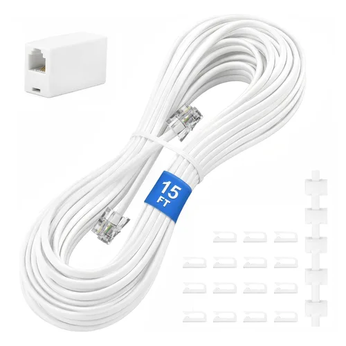 Vista 21 de Uvital Cable de extensión de teléfono de 15 pies, acoplador RJ11 y clips de Negro