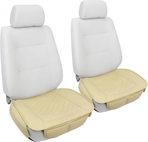 Vista 2 de Elantrip 2 Piezas Fundas de Asiento de Automóvil de Cuero Sintético Beige con Comodidad Acolchada y Bolsillos de Almacenamiento Impermeables