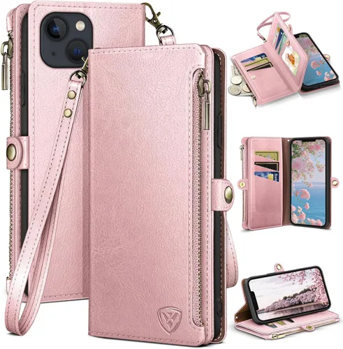 Vista 12 de XcaseBar Funda tipo cartera para iPhone 14 Plus de 6.7 pulgadas con cremallera y tarjetero de crédito [bloqueo RFID], funda de piel sintética