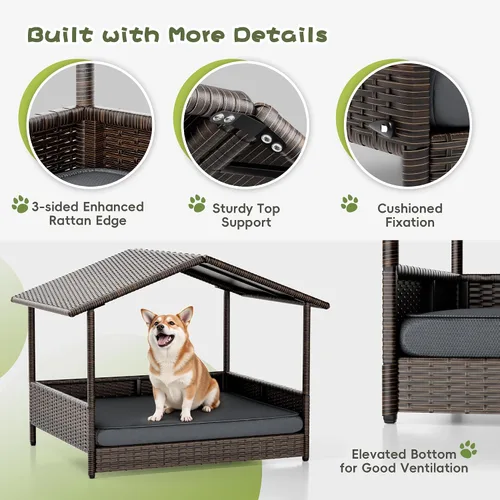 Vista 4 de WARCAT Casa de mimbre para perros, cama elevada para interiores y exteriores, para perros pequeños y medianos, con cojín extraíble, funda lavable