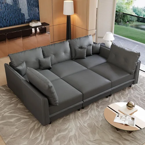 Vista 9 de LLappuil Sofá cama modular modular con almacenamiento, sofás de piel sintética de 6 plazas para sala de estar, color marrón