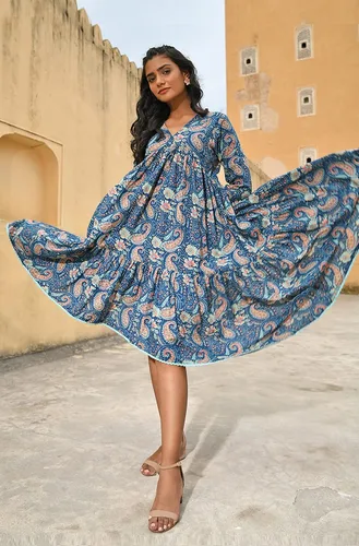 Vista 6 de Janasya Vestido indio de algodón verde azulado con estampado floral para mujer