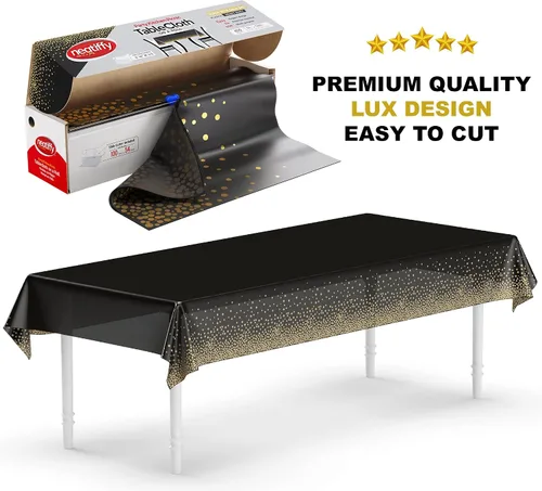 Vista 2 de Dos juegos de 225 piezas de vajilla de plástico desechables con borde dorado + rollo de mantel de plástico, mantel impermeable de 54 pulgadas x 108
