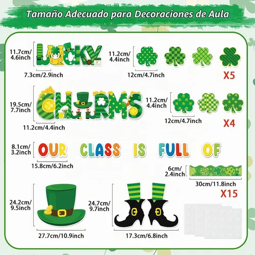 Vista 2 de gisgfim Juego de decoración de tablón de anuncios del día de San Patricio, recortes de bordes de trébol de la suerte para fiestas, escuela, aula