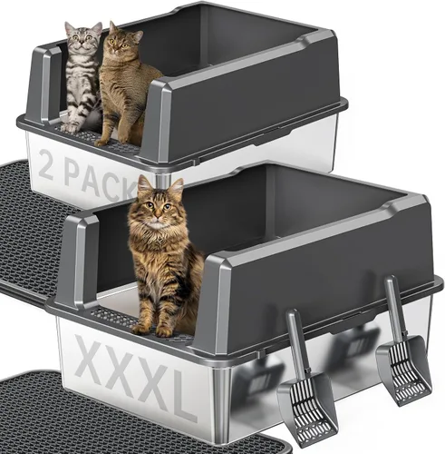 Vista 9 de Caja de arena extragrande XXL de acero inoxidable para gatos con tapa, 26" L x 18" W x 12" H caja de arena de metal con lados altos para gatos