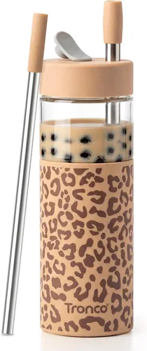 Vista 14 de Tronco Vaso de vidrio de 24 onzas con tapa y popote, taza de café helado, taza de batido con tapa de silicona para té Boba, hogar, oficina, viajes