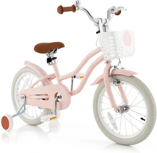 Vista 30 de COSTWAY Bicicleta para niños de 12, 14, 16, 18 pulgadas, bicicleta para niños con ruedas de entrenamiento, frenos de mano y posavasos, sillín