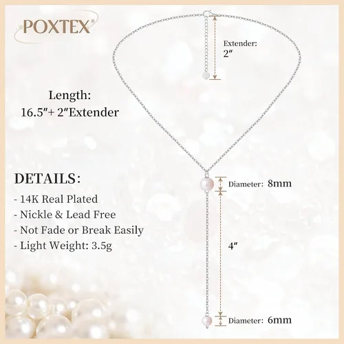 Vista 5 de Collares de perlas de plata para mujer, chapado en oro de 14 quilates, delicado, simple, gargantilla de gota en Y, collar de perlas blancas