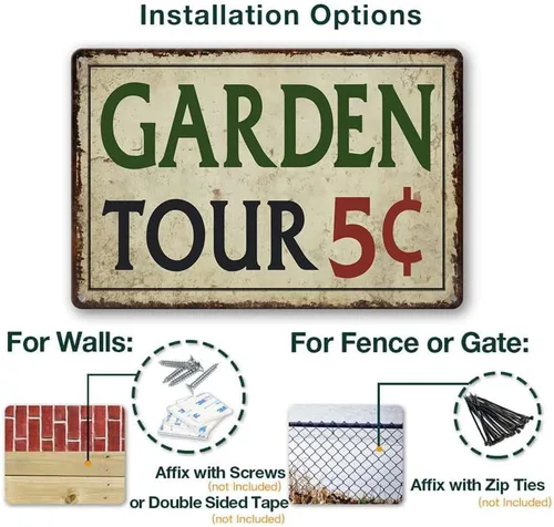 Vista 3 de Letrero de metal para jardinería al aire libre, Garden Tours 5 centavos, letrero de bienvenida retro de colibrí, letrero decorativo de flores