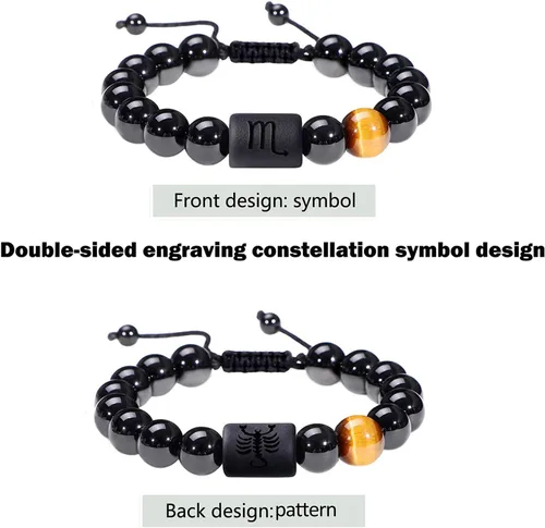 Vista 8 de SUMMER LOVE Pulsera del zodiaco para hombres y mujeres, 0.394 pulgadas, piedra de ónix negro natural, signo de estrella, constelación, pulsera