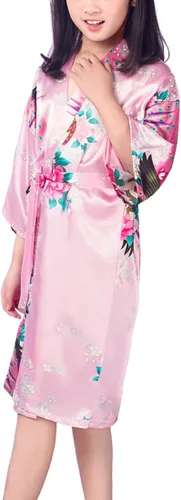 Vista 7 de Kimono Wonderfit satinado con tocado de pavo real y flores para niñas para spa cumpleaños boda