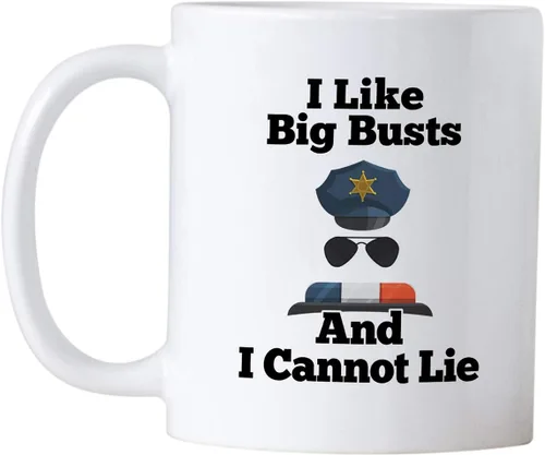 Vista 2 de Casitika Regalos divertidos para oficiales de policía. Me gustan los bustos grandes y no puedo mentir. Taza de café de 11 onzas. Idea de regalo