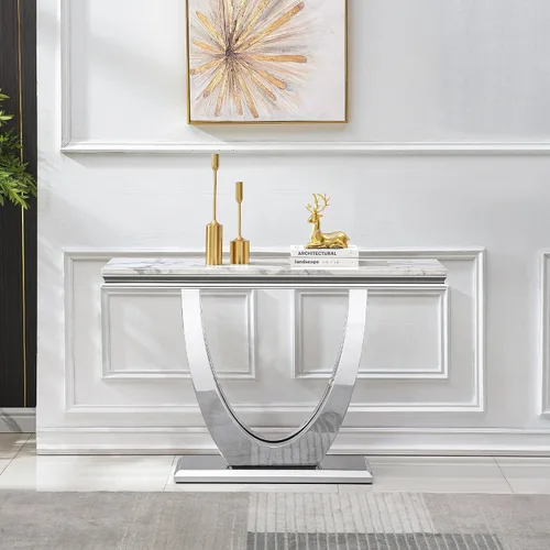 Vista 12 de Mesa consola moderna de cristal, mesa de sofá dorada de 55 pulgadas con marco de metal resistente y parte superior de vidrio templado negro