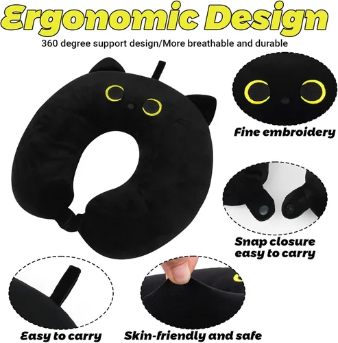 Vista 2 de Almohada cervical de viaje para niños y adultos, linda almohada de viaje para niños con gato negro, almohada de cuello de dibujos animados