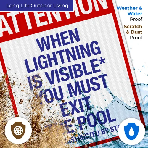 Vista 13 de Letrero con texto en inglés "Attention When Lightning is Visible You Must Exit The Pool - Letrero de piscina, 10 x 14 pulgadas, libre de óxido