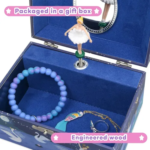 Vista 4 de Jewelkeeper Caja de almacenamiento de joyería musical para niña con bailarina giratoria, diseño de purpurina, tono de lago de cisne