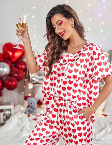 Vista 3 de Ekouaer Conjunto de pijama sedoso de satén para mujer, camisa de manga corta con pantalón largo de pijama, conjunto de pijama suave