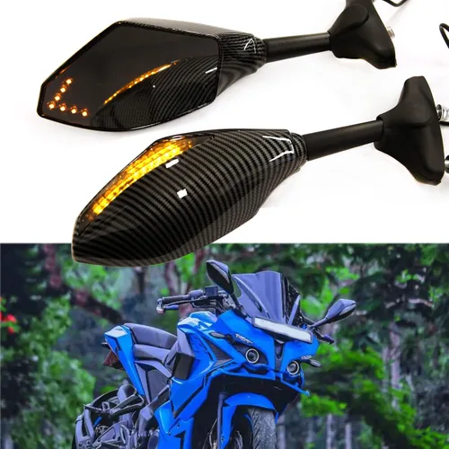 Vista 2 de Espejos Retrovisores con Indicadores LED de Señal de Giro para Motocicleta, para Motos de Carreras y Motos Deportivas (Carbono+Lente Ahumado)