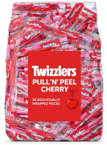 Vista 5 de Pullin Peel Cherry Licorice Candy – Paquete familiar a granel de 72 unidades, envuelto individualmente, caramelo rojo suave y masticable, bolsa de 2