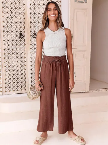 Vista 9 de ANRABESS Pantalones de lino para mujer, estilo casual, holgados, cintura alta, cordón de pierna ancha, pantalones capri palazzo con bolsillos