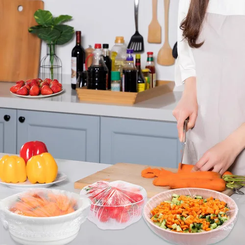 Vista 5 de DYM - 90 fundas elásticas reutilizables para tazones, cubiertas elásticas de plástico PE elástico para almacenamiento de alimentos, cubiertas