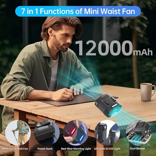 Vista 4 de Ventilador de cintura – Ventilador de cinturón portátil de doble motor fuerte de 17000 RPM, batería de 10000 mAh, tiempo de funcionamiento 24 horas
