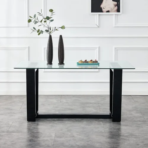 Vista 7 de Ebullient Mesa de comedor de cristal, mesa de comedor moderna, mesa de vidrio templado de 63 pulgadas con patas trapezoidales de MDF negras, mesa