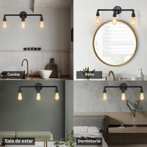 Vista 6 de Lámpara de tocador de baño, 3 luces de granja industrial de tubería de agua negra
