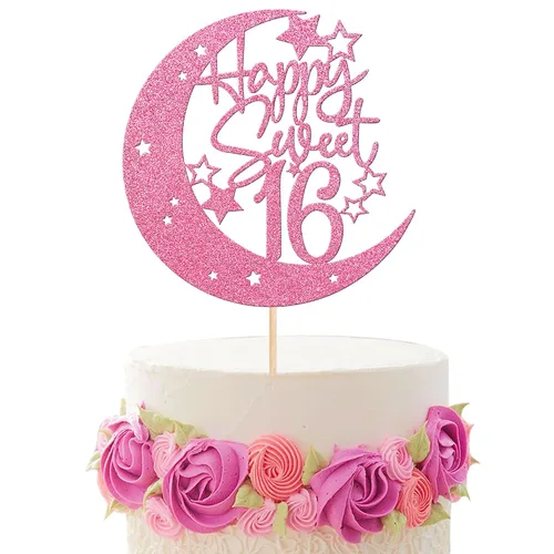 Vista 10 de 1 pieza de decoración de pastel de 16 años con purpurina de luna y estrella de luna feliz 16 cumpleaños, decoración para tartas de cumpleaños de 16