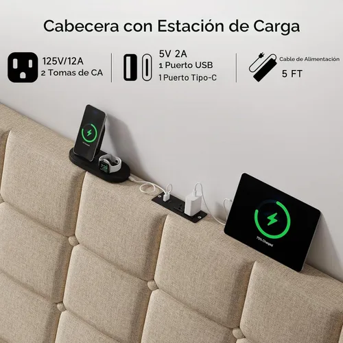 Vista 4 de Cabecera ergonómica tapizada de tamaño completo con estación de carga, cabeceros wingback de lino con bolsillo de almacenamiento, solo cabecero