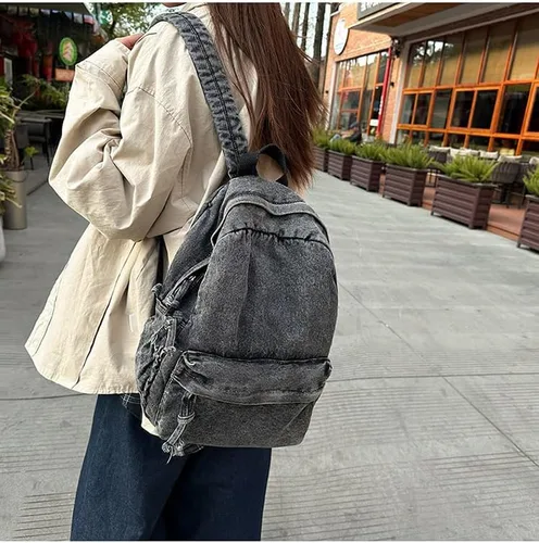 Vista 9 de Mochila de mezclilla vintage para mujeres y hombres, linda mochila Y2k Jeans Bookbag Preppy Moda Viaje Retro Mochila de hombro, Negro -, Mediana