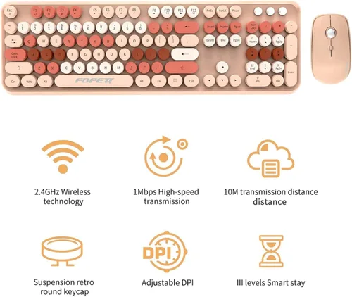 Vista 5 de FD Combo de teclado y mouse inalámbricos, bonito teclado y mouse coloridos con teclado retro inalámbrico de 2.4 GHz, apagado automático, receptor